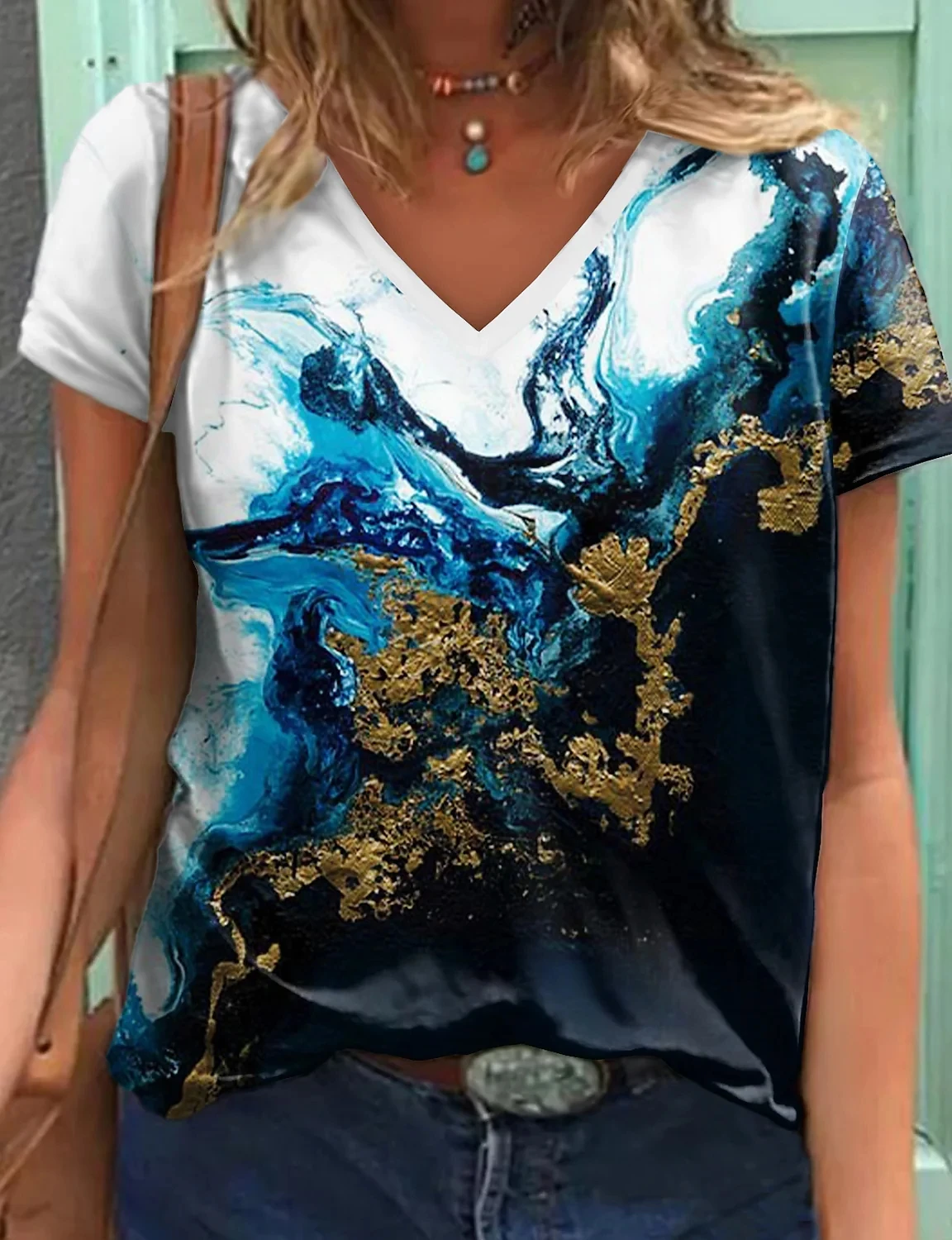 

2022 Summer New Blue/3D Geometric Petal Pattern Casual Shirt Round V-Neck Loose Comfortable Fashion T-Shirt