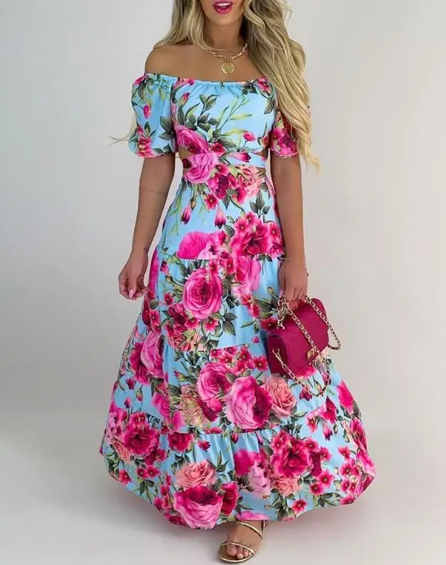 Elegant Dresses for Women 2023 New Summer Fashion Off Shoulder Puff Sleeve Short Sleeve Floral Print Maxi Dress Female Skirt