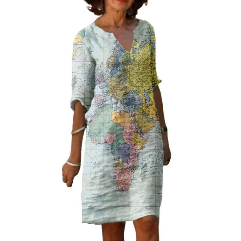 

Popular summer dresses woman 2022 Map Print Female Pullover Dress Temperament Mid Waist Dress платья женские модные