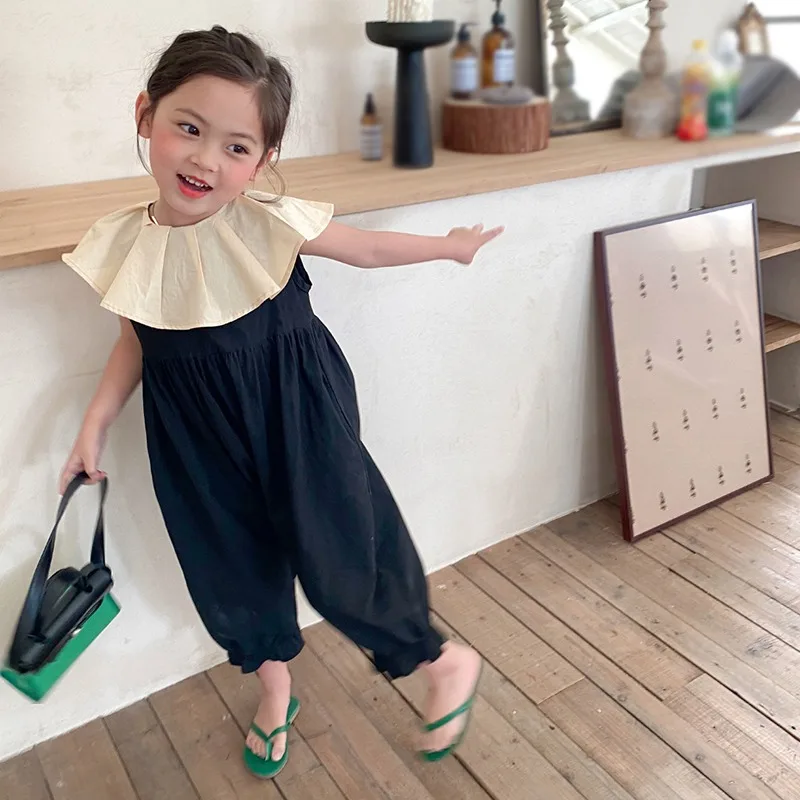 

Toddler Kids Baby Girls Clothes Sleeveless Ruffle Neck Loose Legs Pant Jumpsuit Long Pants Overalls Summer Kids Clothing