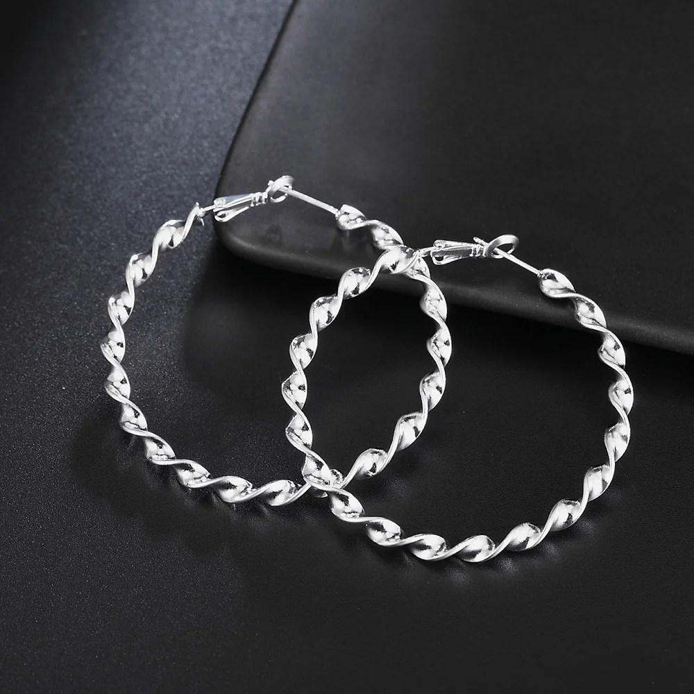 

2022 New 925 Sterling Silver 45MM Fine Twisted Ripple Hoop Earrings For Women's Fashion Charm Wedding Gift Jewelry shipped free