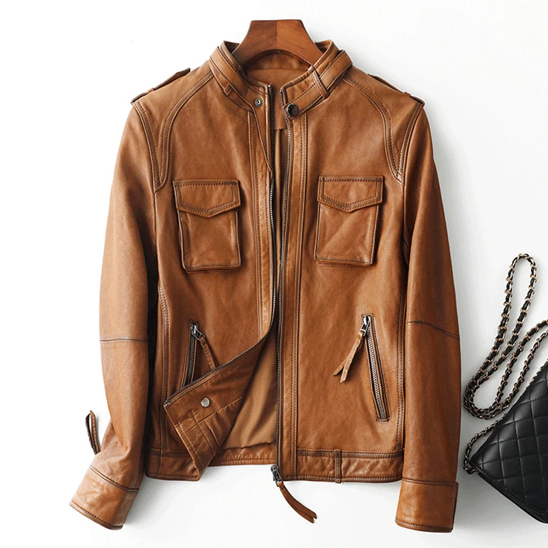 Женская байкерская куртка из 100% натуральной овечьей кожи с коротким рукавом