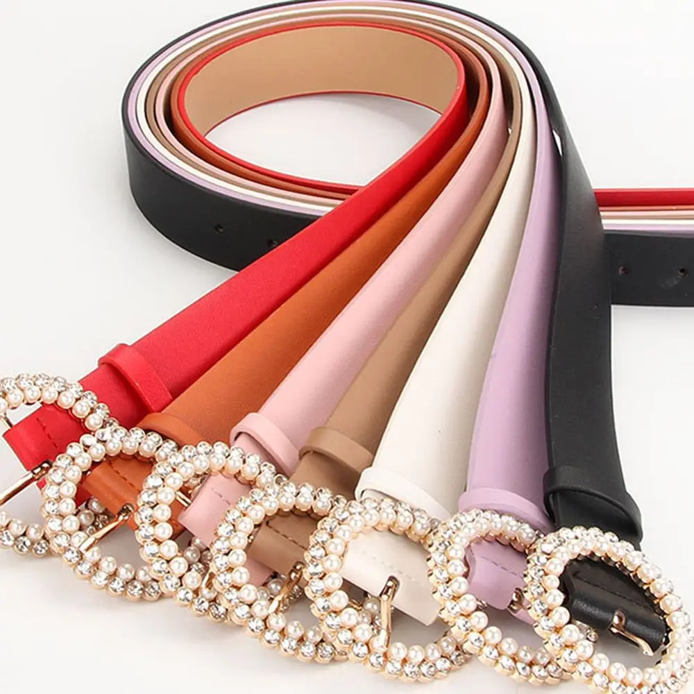 

Casual Elegant Round Buckle Pu Leather Fashion Crystal Pearl Dress Decoration Korean Style Belt Women's Belt