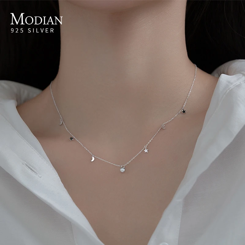 

Modian 925 Sterling Silver Star And Moon Chain Sparkling Starry Link Chain Pendant Necklaces For Women Prevent Allergy Jewelry