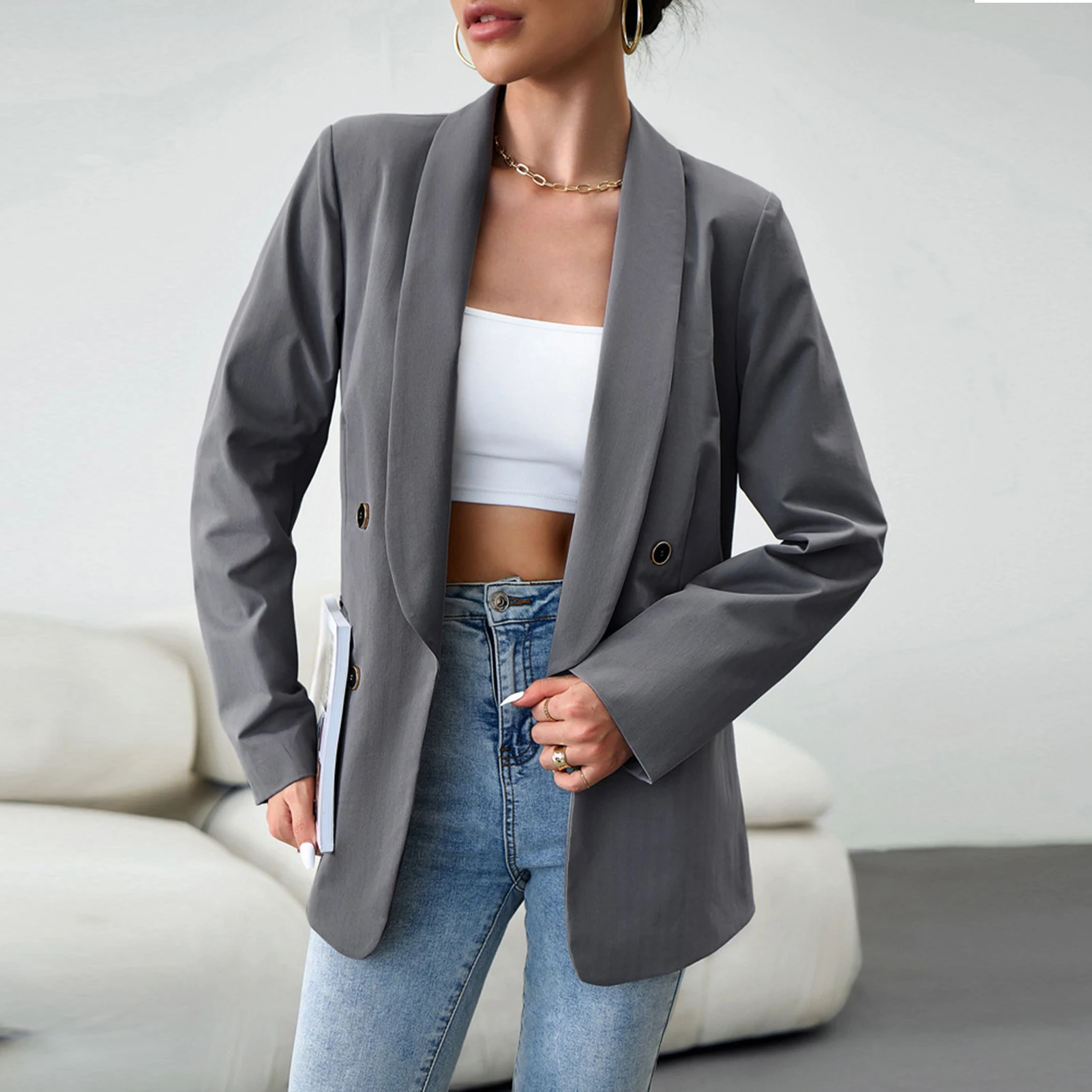 

Long Sleeve Blazers Loose Fit Ladies Office Blazer Jackets Women Oversized Jackets with Pockets Solid Color Classic Daily Outfit