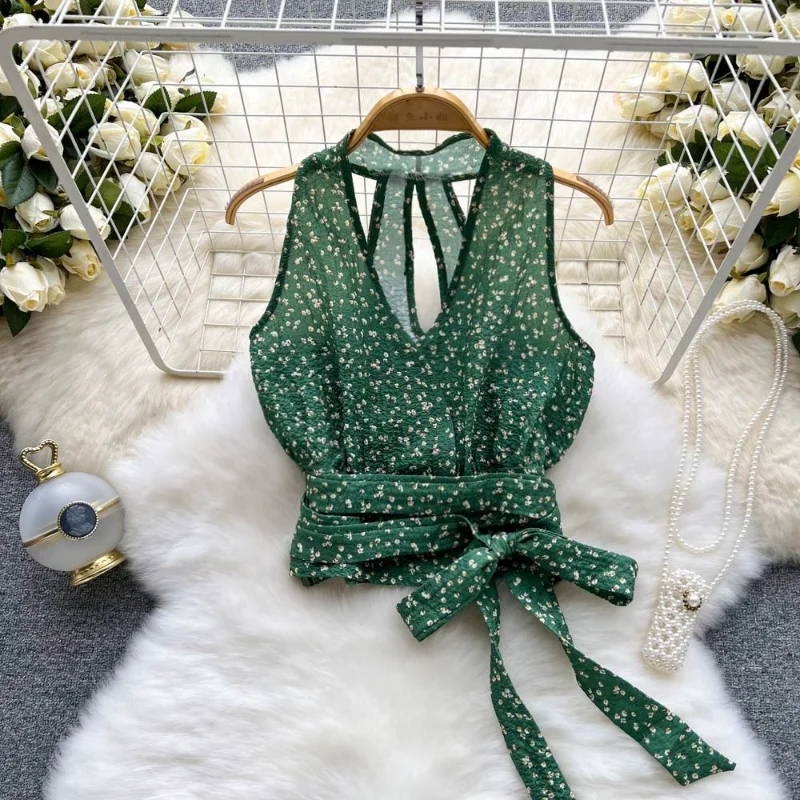 

WTEMPO Fashion Greeh Floral Print Blouse Sleeveless Halter Shirt Lace Up Tops Tee Casual Summer Female Blusas Pullover Tops