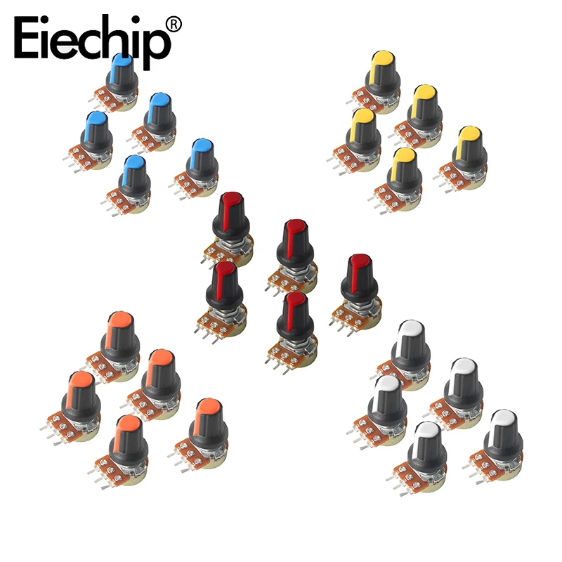 

5PCS WH148 Potentiometer 15mm 3pin with Rotary Switch Knobs Cap Kit B1/2/5/10/20/50/100/250/500K 1M Carbon Film Potentiometer