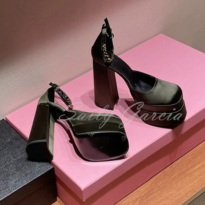 Satin Super High Heels Square Toe Platform Sandals Women Ankle Strap Party Wedding Shoes Mary Jane Chunky Heel Female Shoes