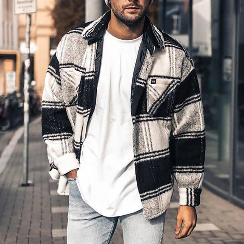 

Vintage Plaid Print Long Sleeve Men Coats Autumn Spring Lapel Button Loose Jackets For Men Clothing Casual Shirt Outwear New