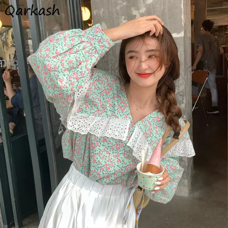 

Blouses Women Sweet Stylish Ins All-match Lace Design Colleges Lovely Sailor Collar Loose Puff Sleeve Summer Ulzzang Colorful