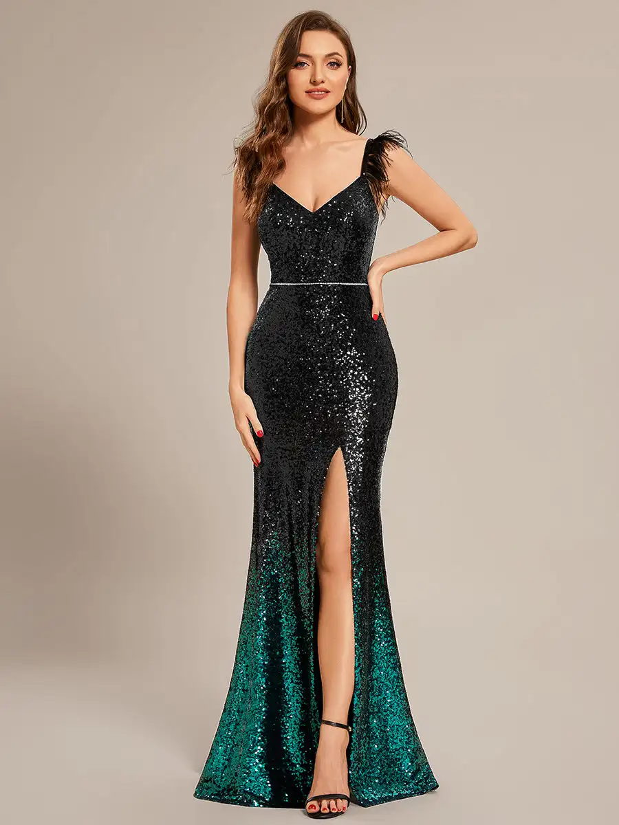 

Custom Gorgeous Evening Dresses Deep V-Neck Spit Bodycon Fishtail Spaghetti Straps pleated 2023 of Fishtail Black Women Dress