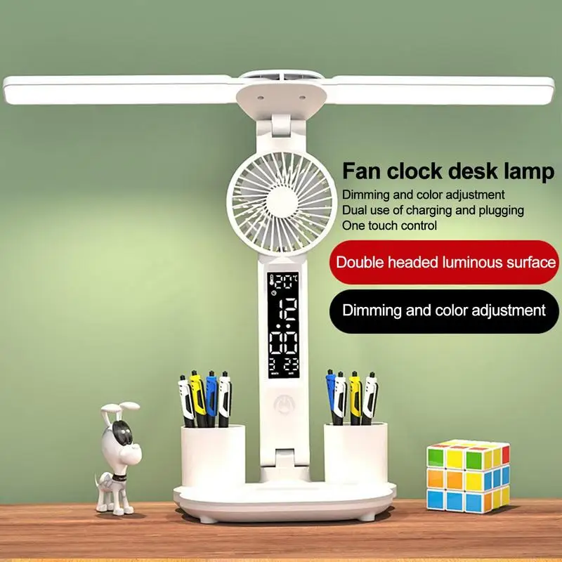 

Double Head LED Desk Lamp Multifunction Table Light With Calendar Fan Pen Holder Thermometer USB Night Light For Offices Reading