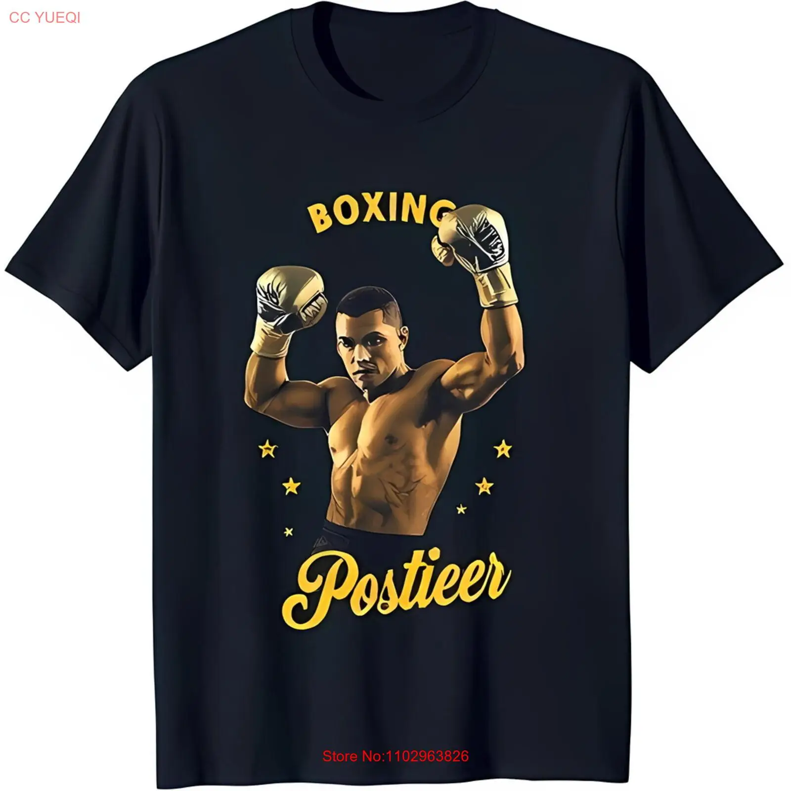 Фото Черная футболка Boxing Postieer с рисунком боксера без рубашки и желтым текстом №1