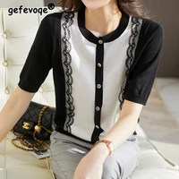 elegant fashion solid lace patchwork button shirt summer 2022 new o neck short sleeve loose knitted cardigan tops women clothing