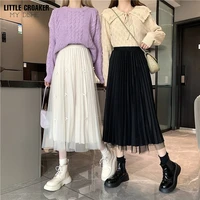 gauze super fairy skirt womens 2022 new high waisted slim black mid length mesh elastic waist bow pleated skirt womens tide