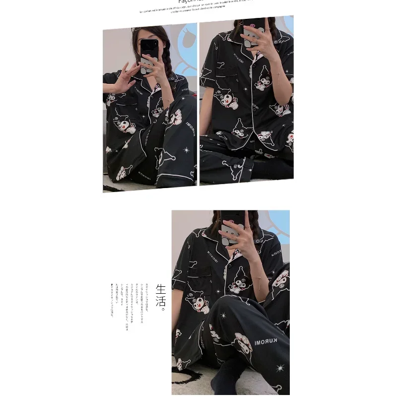 Sanrio Kuromi шелковые пижамы женские летние хлопковые с короткими рукавами
