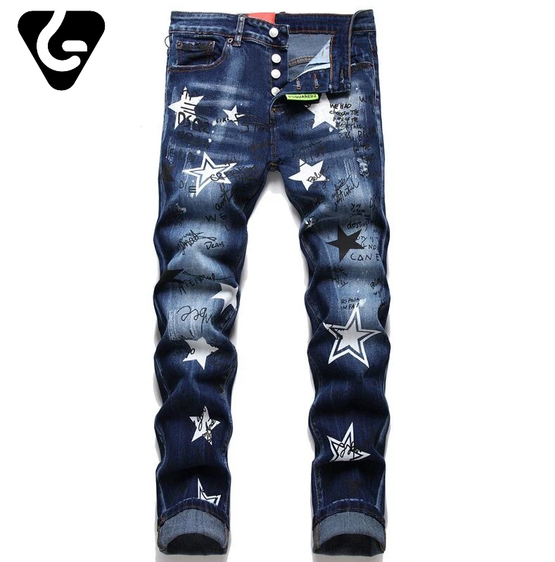 

Dsquared2 trendy brand men's clothing star three-dimensional print slim fit cotton elastic fashion design button trousers