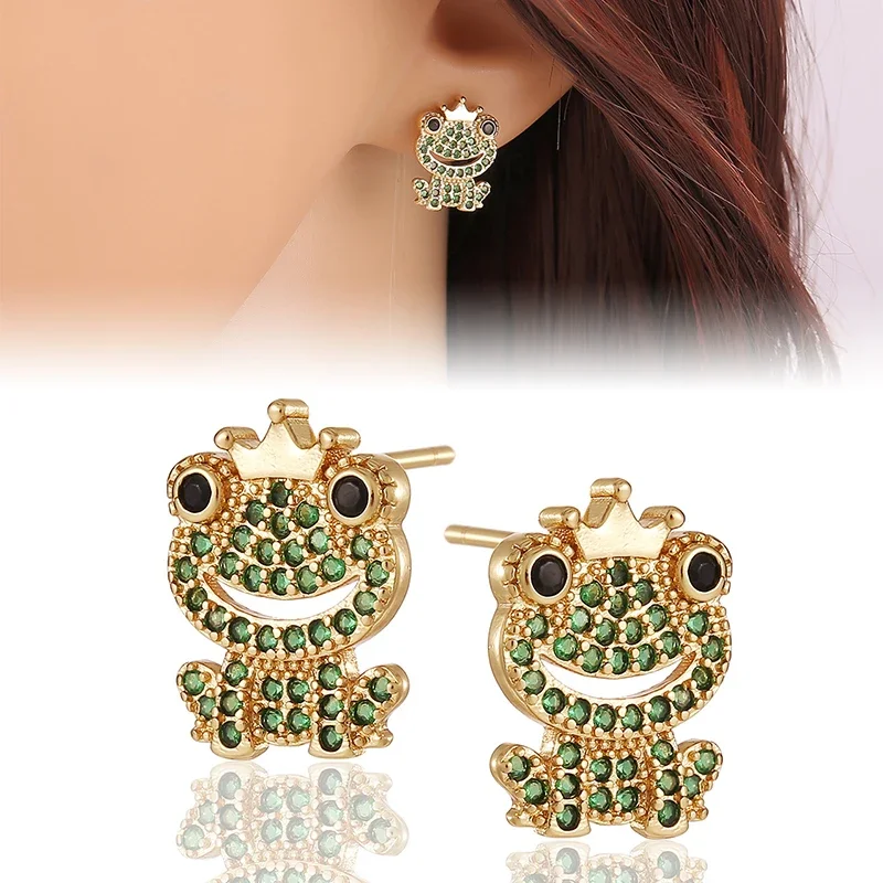

Green Cute Crown Frog Shape Stud Earrings for Women Female Fashion Jewelry Gift