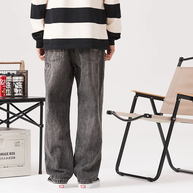 Streetwear Men New Pattern Vintage Recreational Black Pants Port Breeze Straight Cylinder Comfortable Loose Jeans Autumn Female