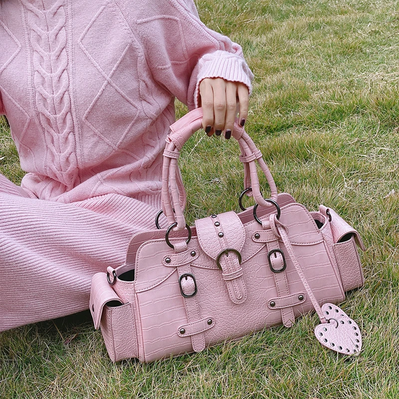 

FIRMRANCH Pink Retro Crocodile Pattern Portable Motorcycle Large-Capacity Hot Girl Shoulder Crossbody Bag Love Rivets Pouch Chic