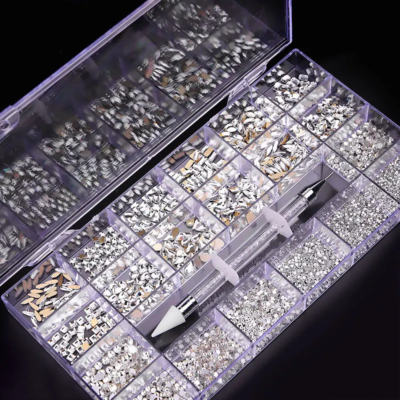 Luxury Shiny Diamond Nail Art Rhinestones Crystal Decorations Set AB Glass 1pcs Pick Up Pen In Grids Box 21 Shape of 2800pcs