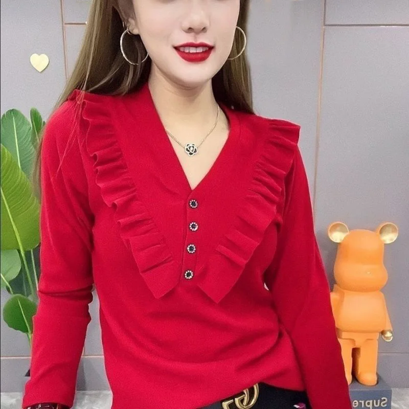 

Stylish V-Neck Button Spliced Solid Color Ruffles Blouse Women's Clothing 2023 Autumn New Oversized Korean Pullovers Chic Shirt