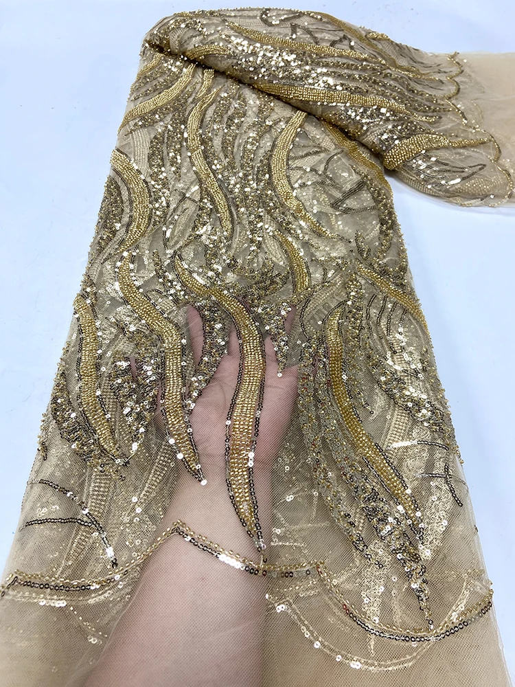 

Роскошные золотые африканские бусины, кружевная ткань, Высококачественная вышивка блестками, французский тюль, сетчатый кружевной материал, нигерийское свадебное платье