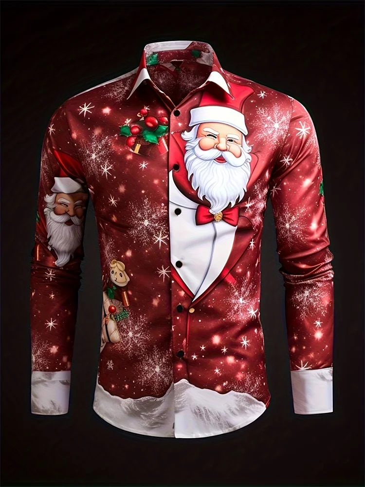 Мужская рубашка с длинным рукавом и принтом Санта-Клауса
