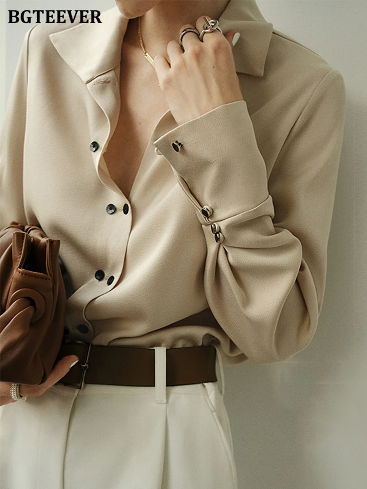

BGTEEVER Stylish Double Breasted Women Blouse Shirts Elegant Turn-down Collar Long Sleeve Loose Female Shirts 2022 Spring Summer