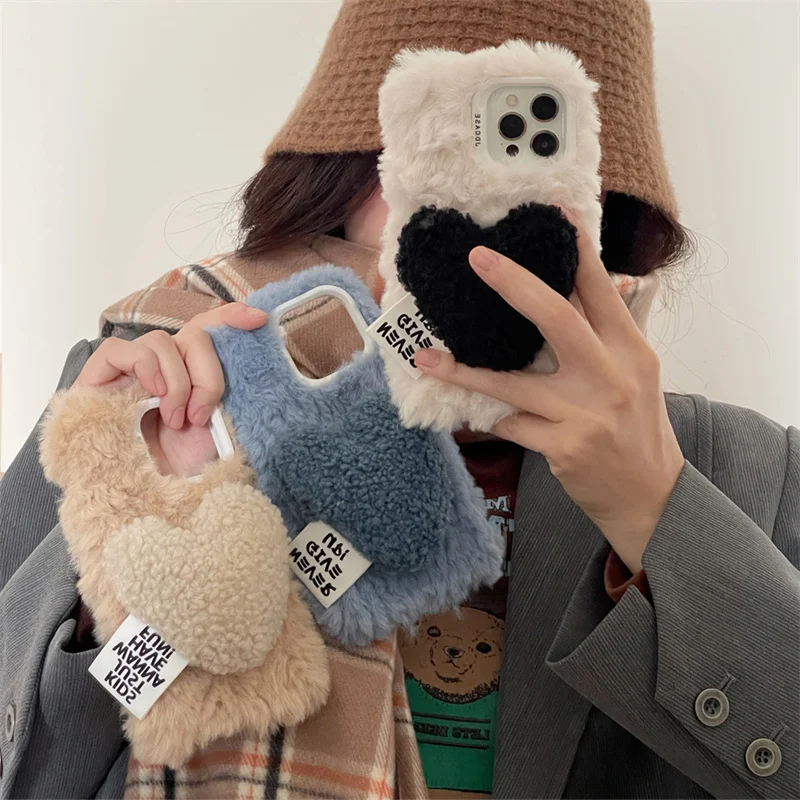 

Korean Cute 3D Plush Love Heart Phone Case For iPhone 15 Pro 11 12 13 14 Pro Max Cover Soft Fluffy Silicone Cases For Women Capa