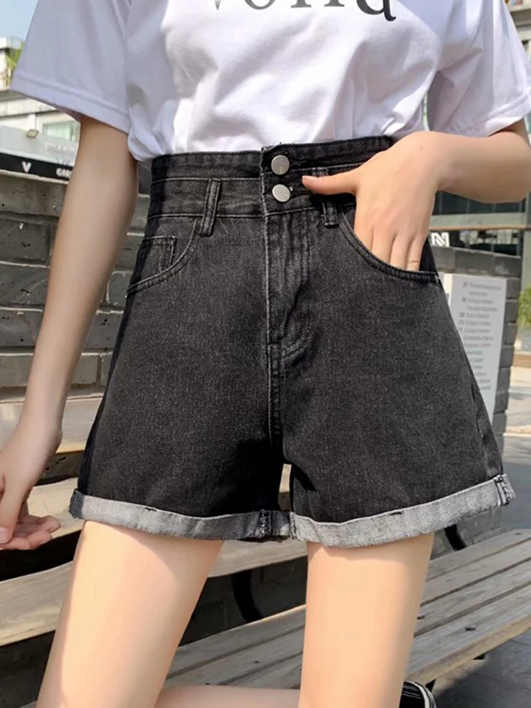 Spring Summer Women High Waist Button Loose Denim Shorts Streetwear Female Wide Leg Blue Jeans Shorts Bottoms