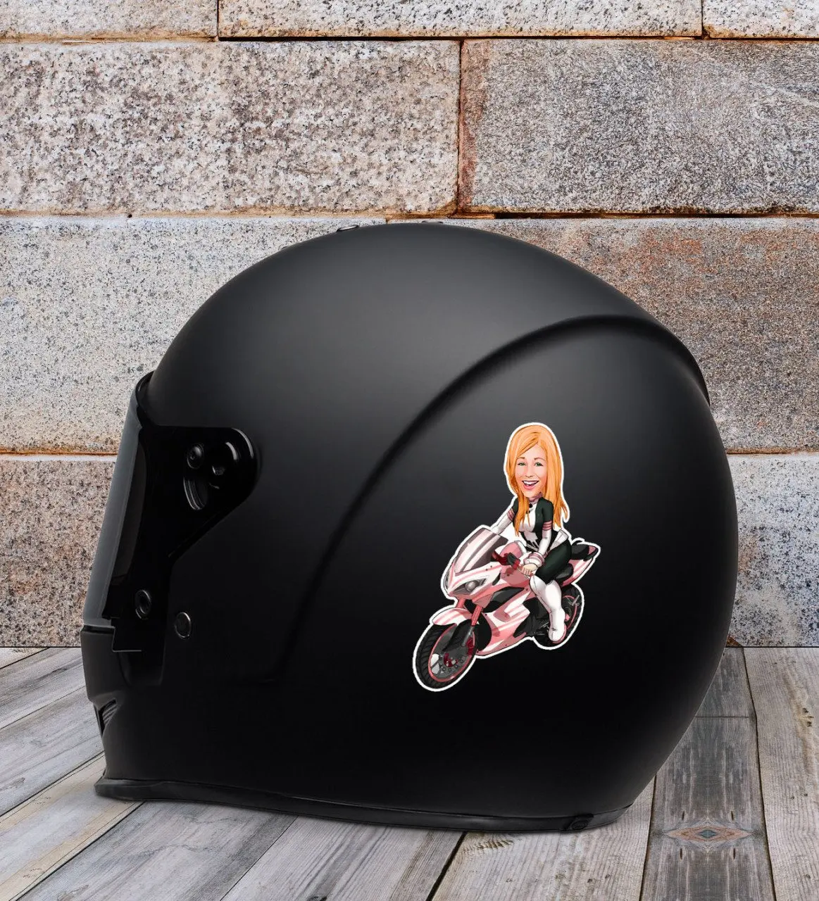 

Personalized Women 'S Biker Caricature Of Motor Helmet Sticker-2