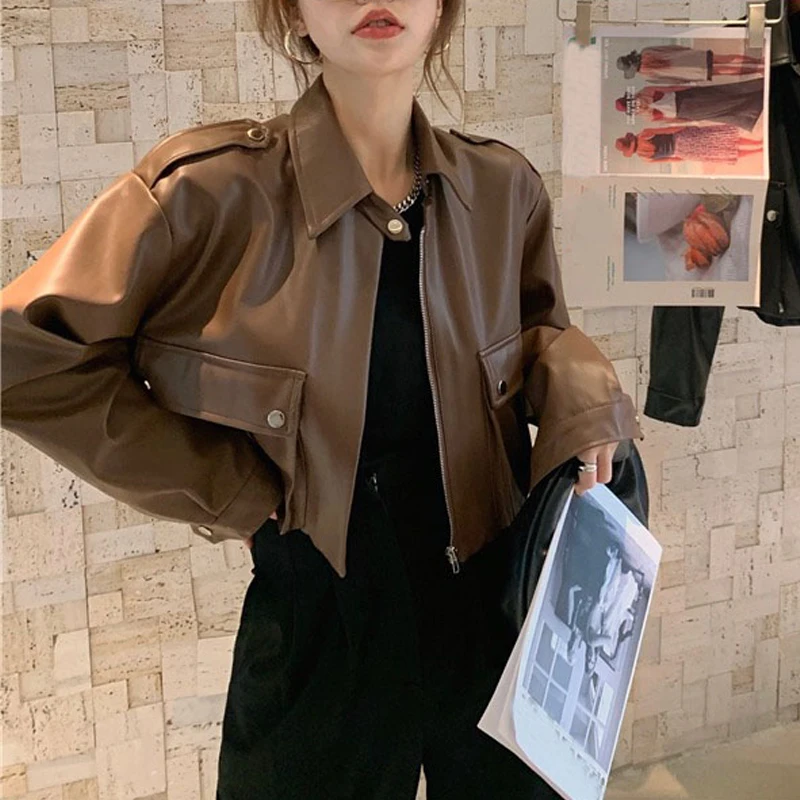 Leather Jacket Women Korean High Street Moto Biker Zipper Jacket Female 2021 Spring Large Size Loose Streetwear Women's Clothing