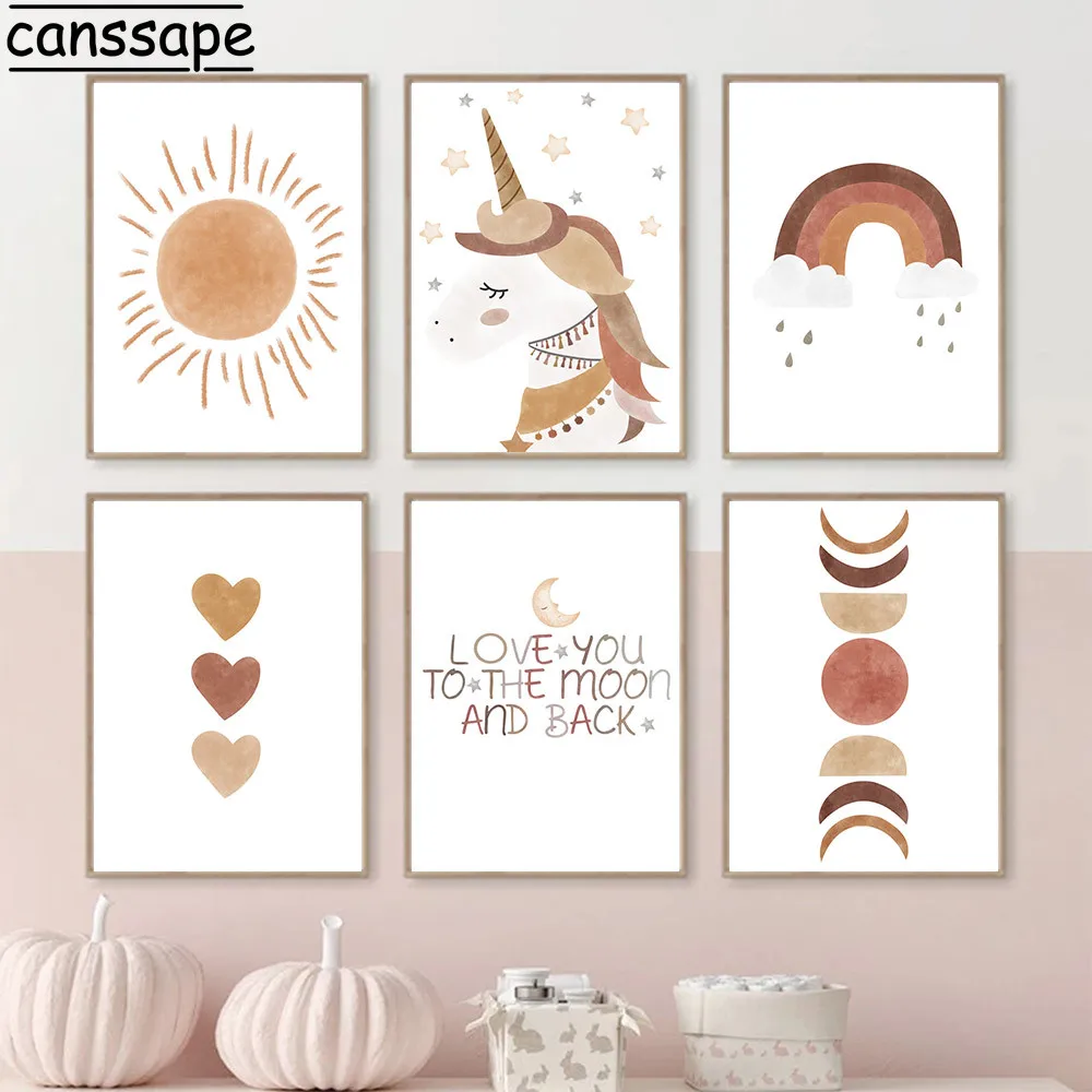 

Boho Wall Art Posters Nursery Poster Unicorn Wall Painting Rainbow Canvas Pictures Sun Moon Art Prints Kids Bedroom Decor