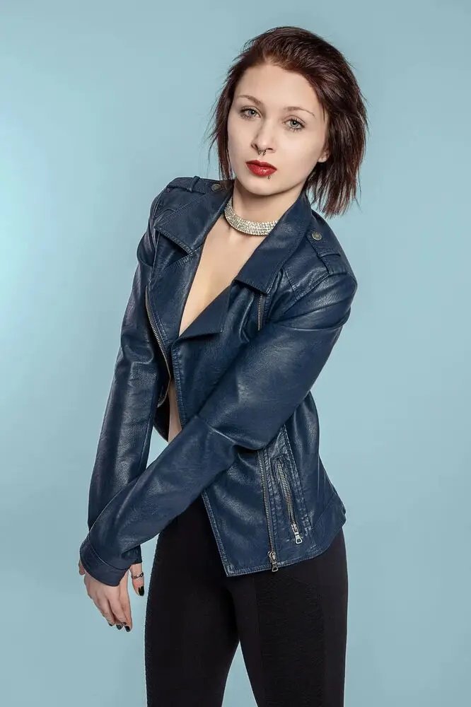 Womens Lambskin Leather Jacket Biker Slim Fit Blue Leather Coat Real Leather Outwear