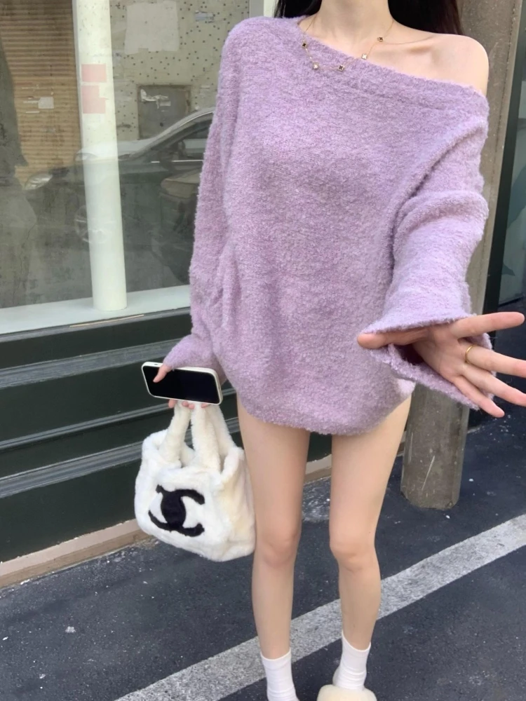 Французский сексуальный косой воротник с открытыми плечами и длинными рукавами