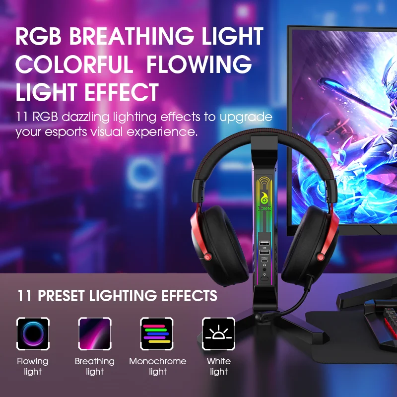 Фото Подставка для игровой гарнитуры RGB со звуковой подсветкой, 11-режимная светодиодная USB-док-станция для зарядки, держатель для наушников для ПК-геймера №4