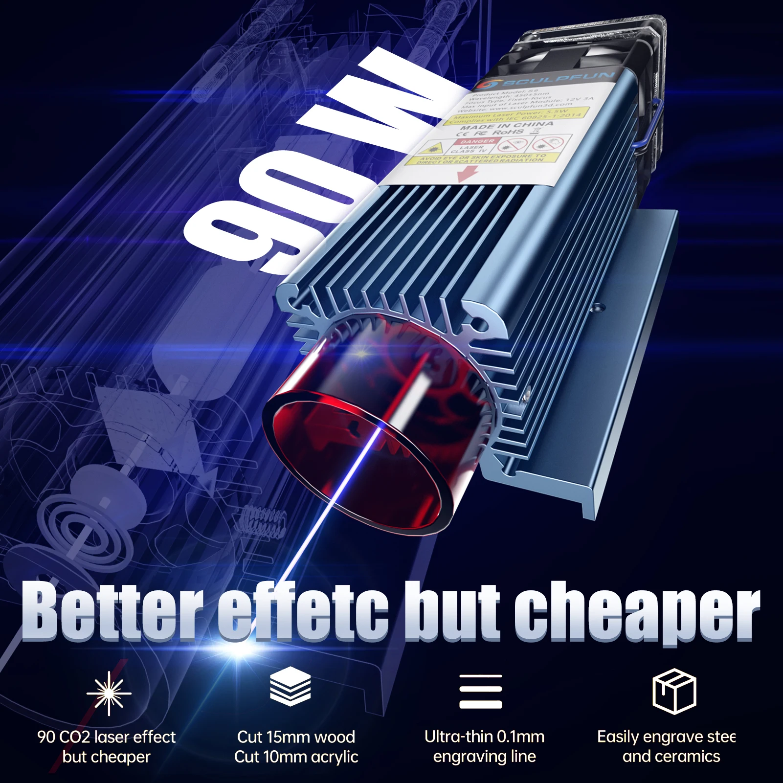 SCULPFUN S9 90W Effect Laser Engraving Machine Ultra-thin Beam Shaping Technology Engraver Cutting 410x420mm |
