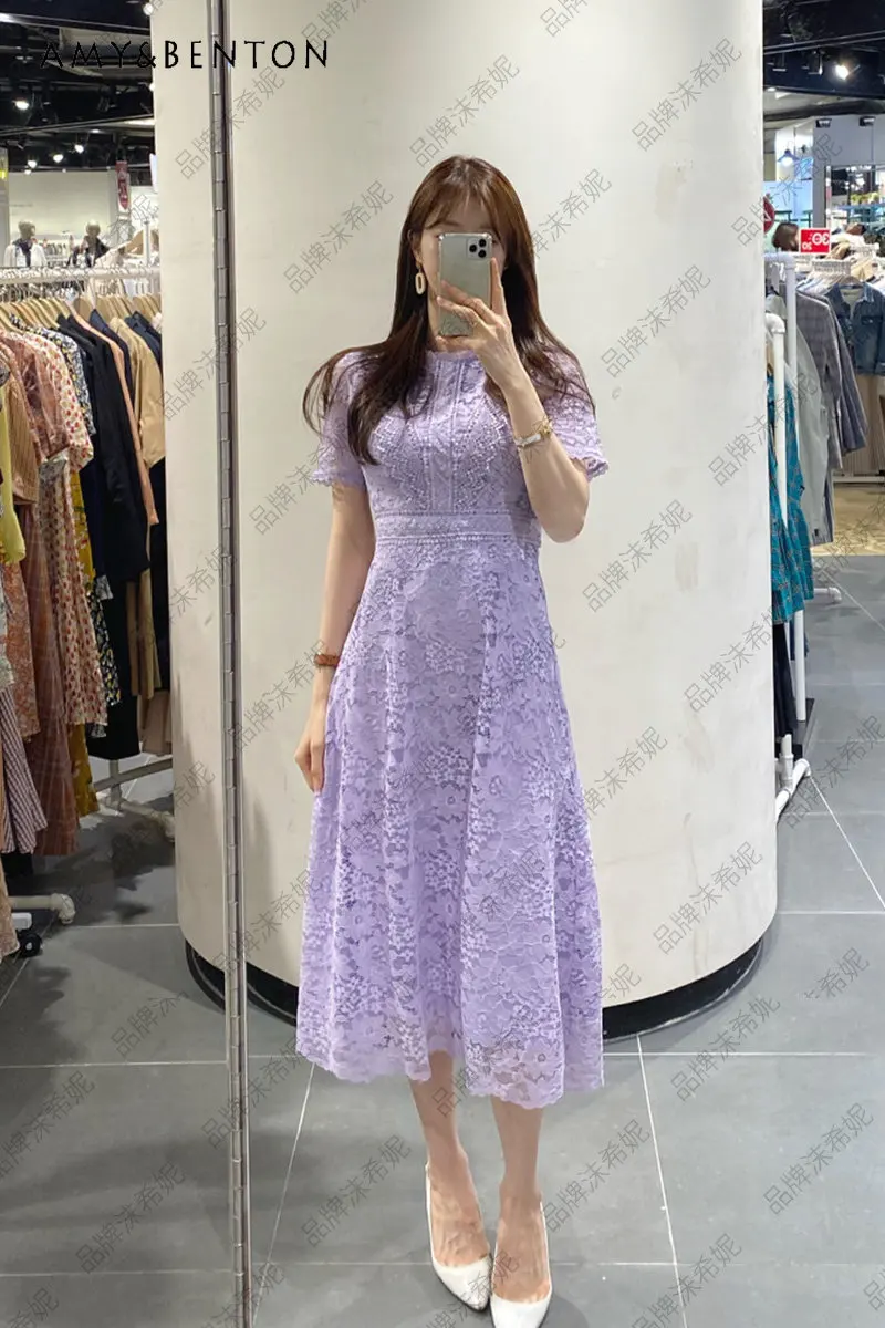 

2023 Summer New Short Sleeve Stand Collar Lace Dress Women's Mid-Length Crocheted Hollowed Purple High Waist A- line Dress