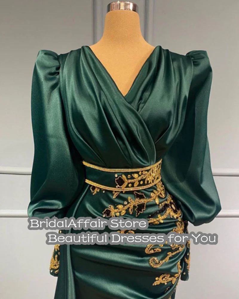BridalAffair Green Satin Evening Dresses Dubai Arabic Formal Prom Party Gowns With Gold Lace Long Sleeves 2022 Celebrity Dress