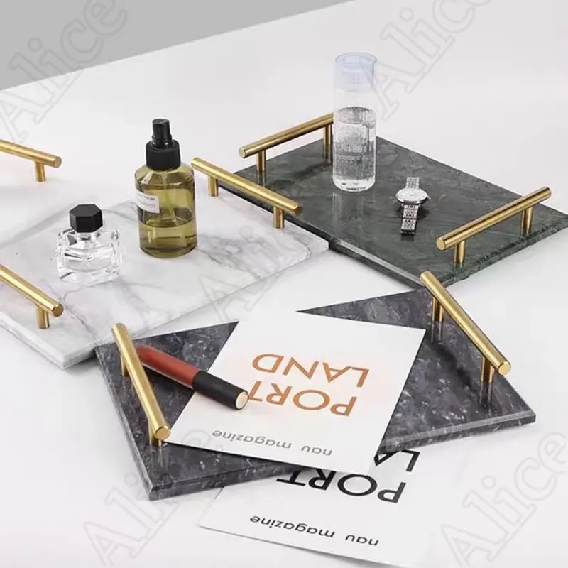 

Natural Marble Tray Golden Handle Nordic Tea Table Desktop Teacup Coaster Tableware Storage Trays Decorative Jewelry Storage