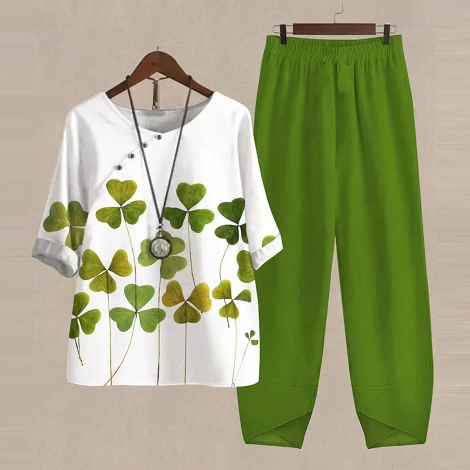 

Two Piece Suit For Womens Lounge Print Boho Faux Linen Tops Pants Suit Green Spring Beachwear Short Sleeve Matching Set