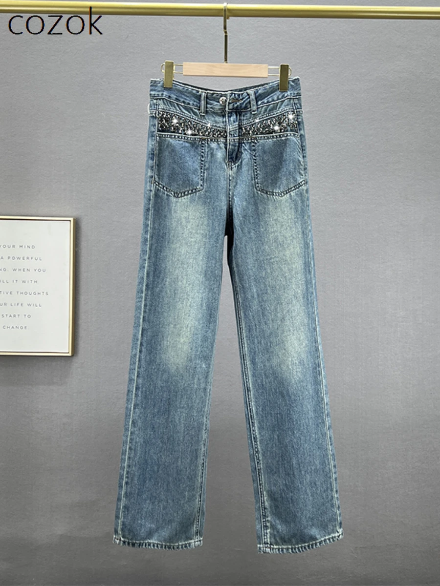 

Women's Straight Jeans 2023 New Autumn Clothes High Waist Jeans Fashion Loose and Slimming European Goods Diamond Mop Pants