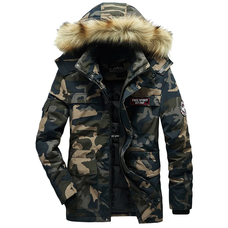 

Men's Camo Hooded Padded Coat With Large Hair Collar Thickened Cotton Suit Warm And Windproof Pike Men