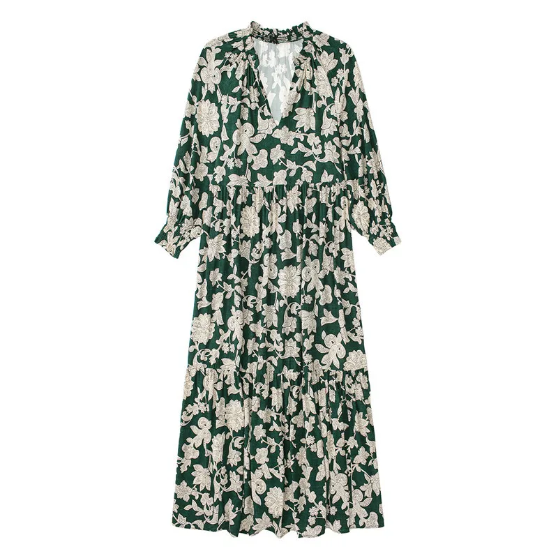

Clothland Women Retro Floral Maxi Dress V Neck Long Sleeve Long Top Female Vintage Spring Autumn Ankle Length Dresses QA916