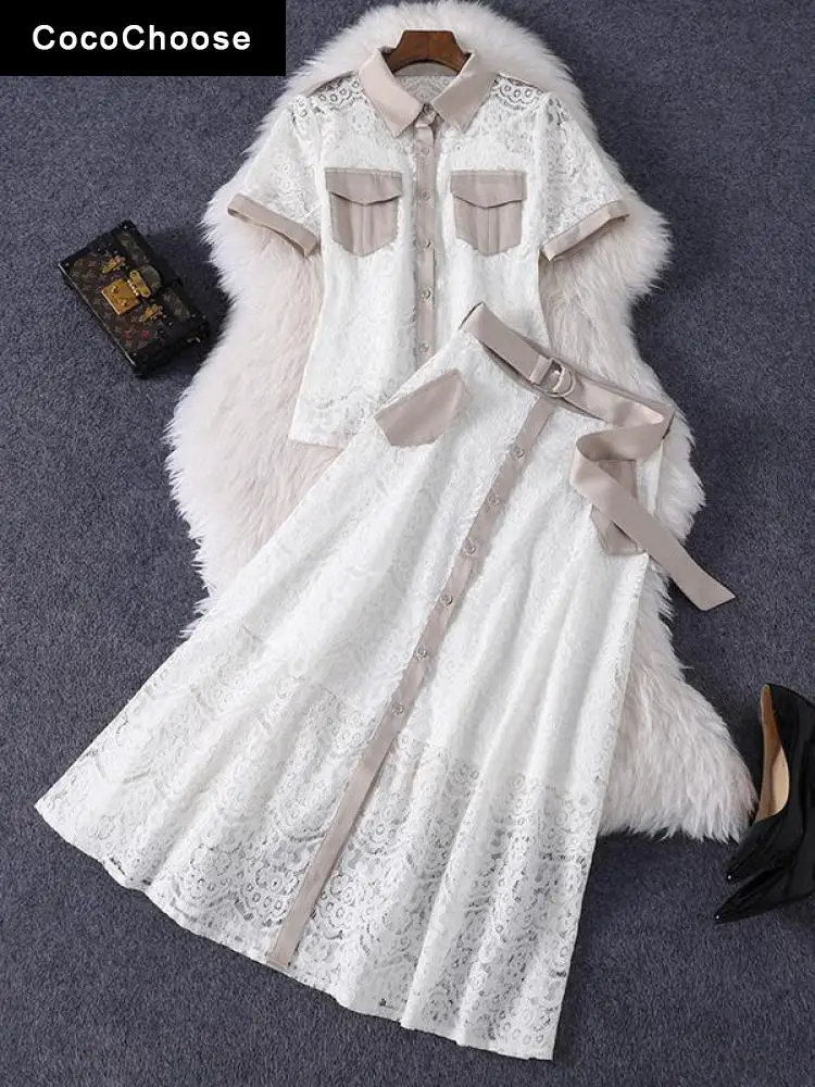 Elegant Womens Two Piece Sets Summer Clothing 2022 Fashion Lace Shirts White Top and High Waist Skirt Suits Office Outfits