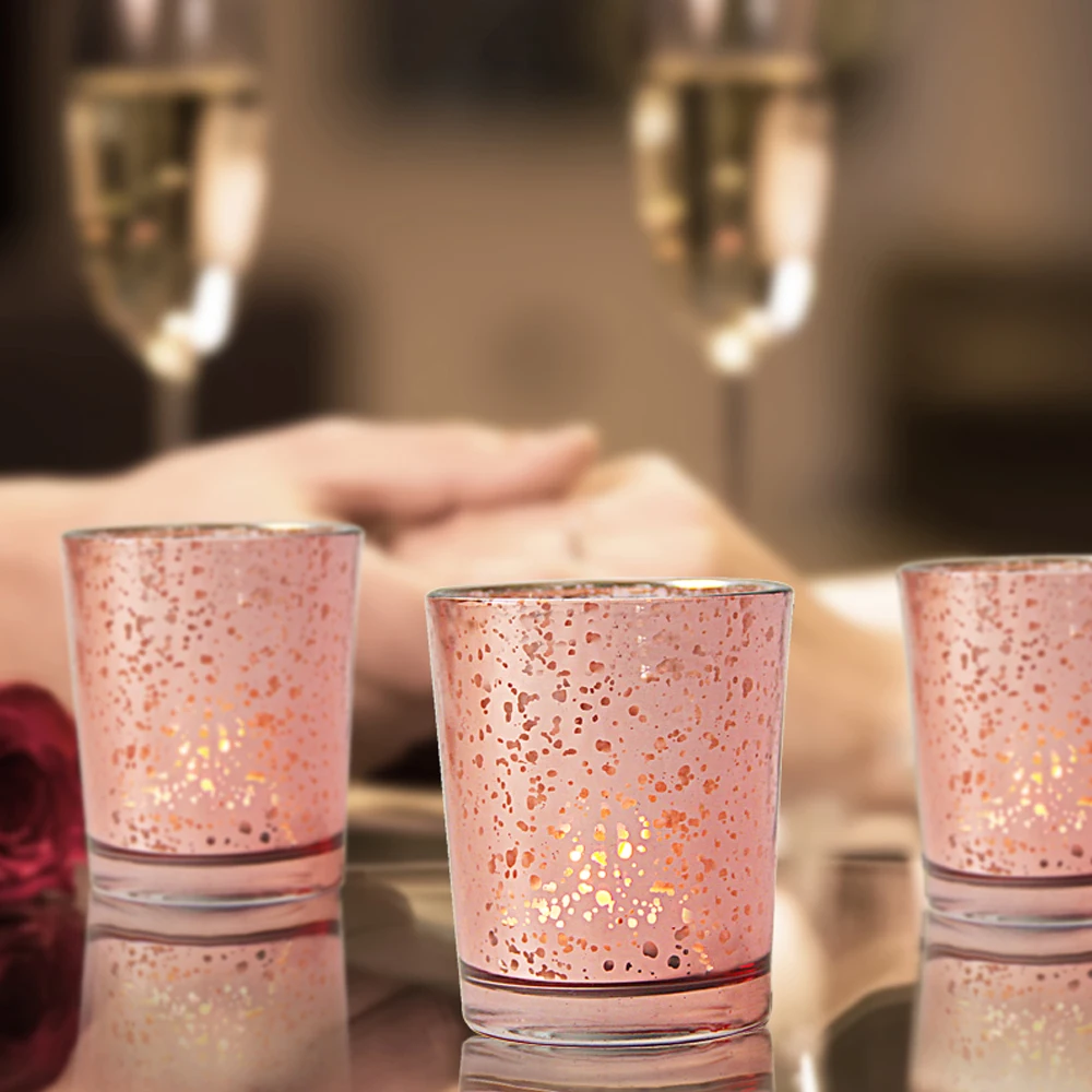 

Wedding candle holder For holiday decoration Birthday glass candle holder Electroplated speckled cup Rose Gold 12pc