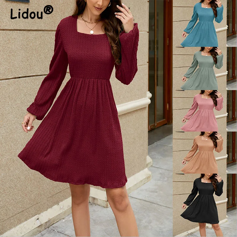 

2023 Autumn Women's New Fashion Flowing A-line Skirt Elastic Sleeve Solid Color Women's Patchwork Long Sleeve Dress