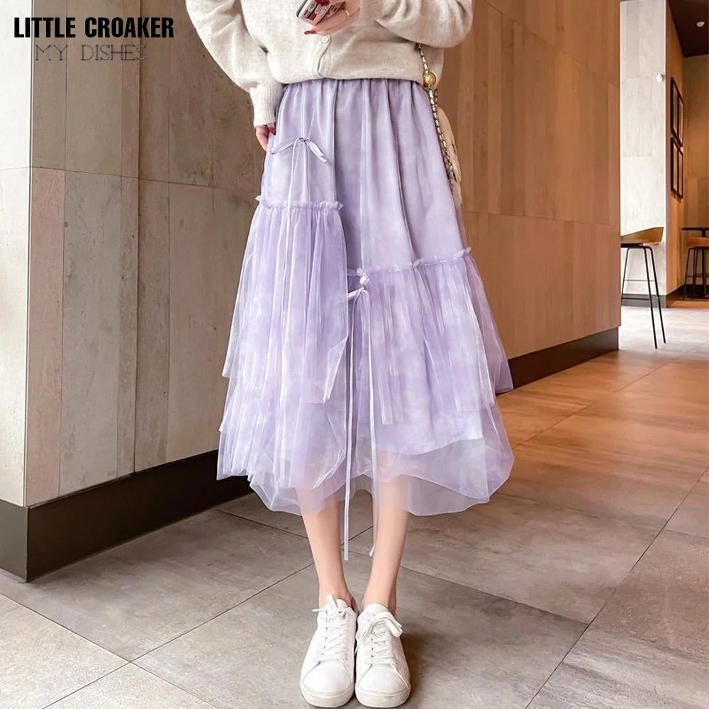 

Tulle Skirts Womens Summer White Midi Skirt Gauze Korean Cute Ladies Bow Women Elastic High Waist Pleated Mesh Tutu Skirt