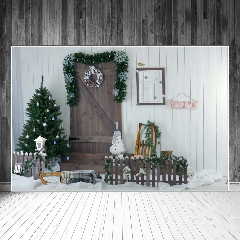 

Christmas Tree Garland Wooden Door Fence Sled Photography Backgrounds Custom Baby Kids Party Decoration Photo Booth Backdrops